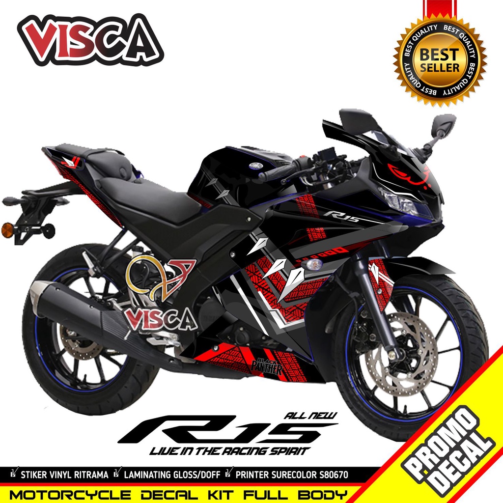 Decal R15 V3 Full Body Stiker R15 V3 Striping R15 V3 Sticker R15 V3 Full Blok motif BLACK PHANTER