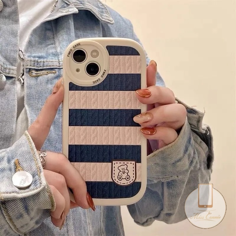 Casing Soft Case Kompatibel Untuk iPhone 7Plus 8Plus 6 6s Plus 11 13 12 14 Pro MAX XR X XS Max7 8 SE 2020 Motif Rajut Beruang Kartun Lucu Garis Splicing Lembut TPU Penutup Belakang