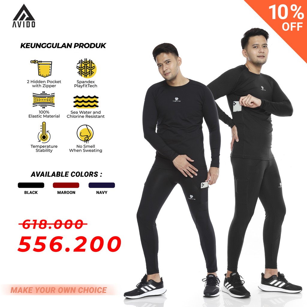 Tiento Baselayer Setelan Olahraga Pria Manset Legging Sport Pakaian Olahraga Pria Pocket Ori 1 Stel