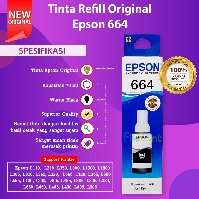 100% Original Resmi Tinta Epson 664 Refill Printer L120 L121 L565 L1300 Black Cyan Magenta Yellow