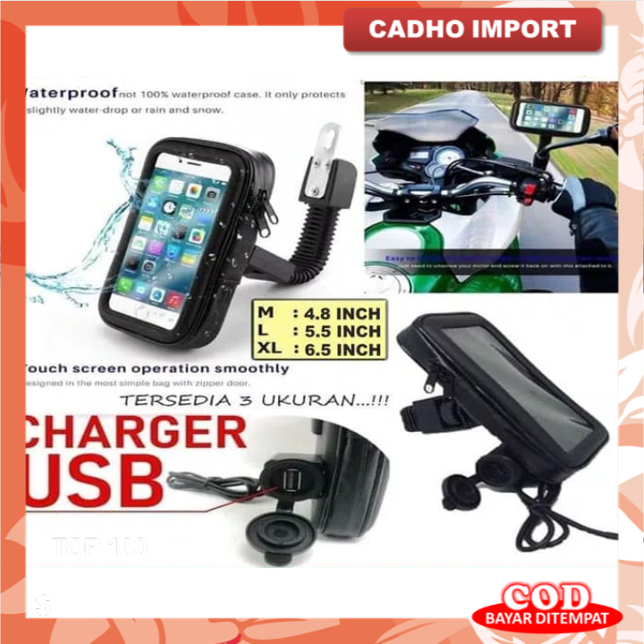 HOLDER DUDUKAN HP MOTOR SPION WATERPROOF GOJEK GRAB BISA CHARGER - M