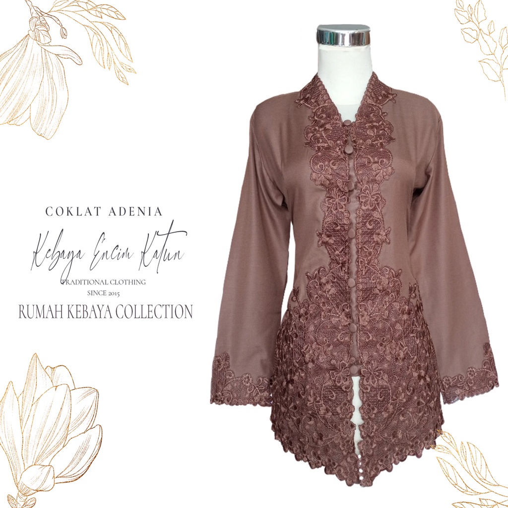 Kebaya Encim Kartini Katun Bordir Modern Coklat Adenia Lengan Panjang Bigsize Jumbo
