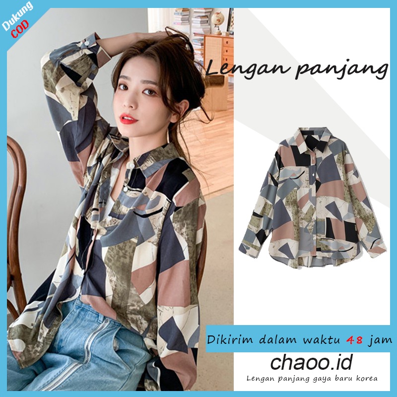 Kemeja lengan panjang sablon kasual retro wanita korean style shirt kemeja atasan wanita  Loose kaos wanita/Kemeja wanita style Prancis katun cron kerah POLO/Kemeja lengan panjang bermotif vintage shirt atasan wanita