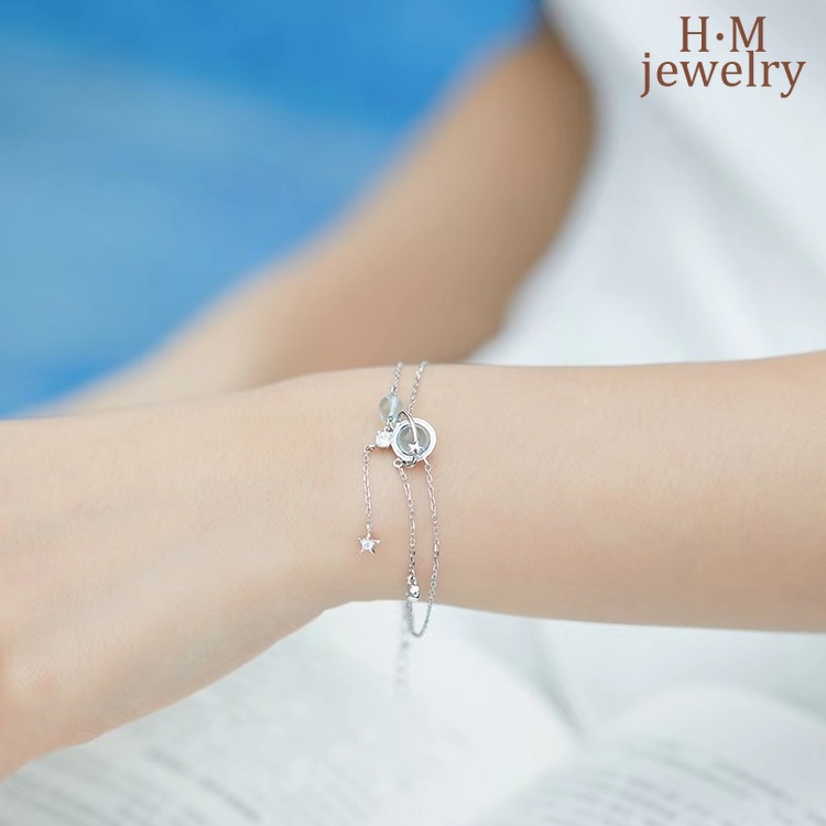 Gelang Tangan Sterling Silver 925 Simple Aksen Manik-Manik Planet Warna Biru Untuk Wanita