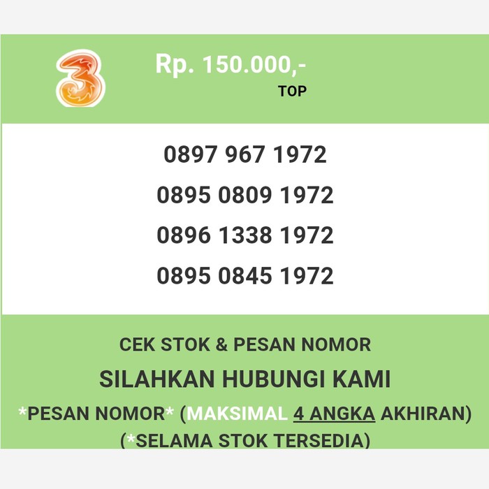 Nomor cantik three murah tahun lahir 1972 kartu perdana 3 T7888-150