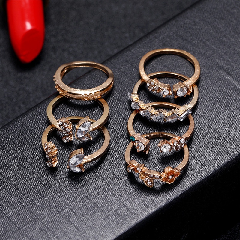 7pcs / Set Cincin Desain Kupu-Kupu Bunga Kristal Berlian Gaya Bohemia Untuk Wanita