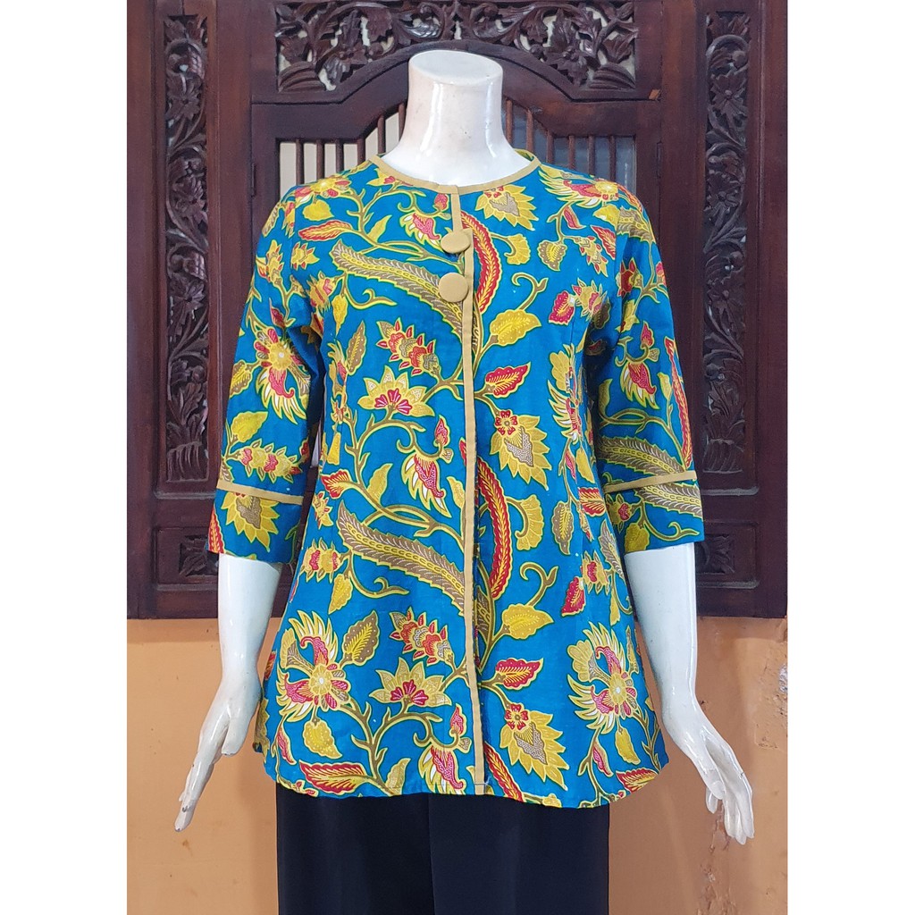 NEW Atasan Blouse Batik MOSA Blus Wanita Lengan Pendek 3/4 Kancing Depan. Motif Batik Pekalongan -250-SM9 Turquoise