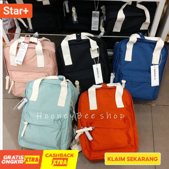 Hitam Japan Quality  Portable Rectangle Backpack Tas Ransel Miniso  DISKON Mantap