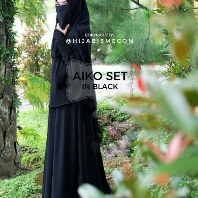 Gamis Aiko set  hitam jet black free cadar tali ori by hijabisme