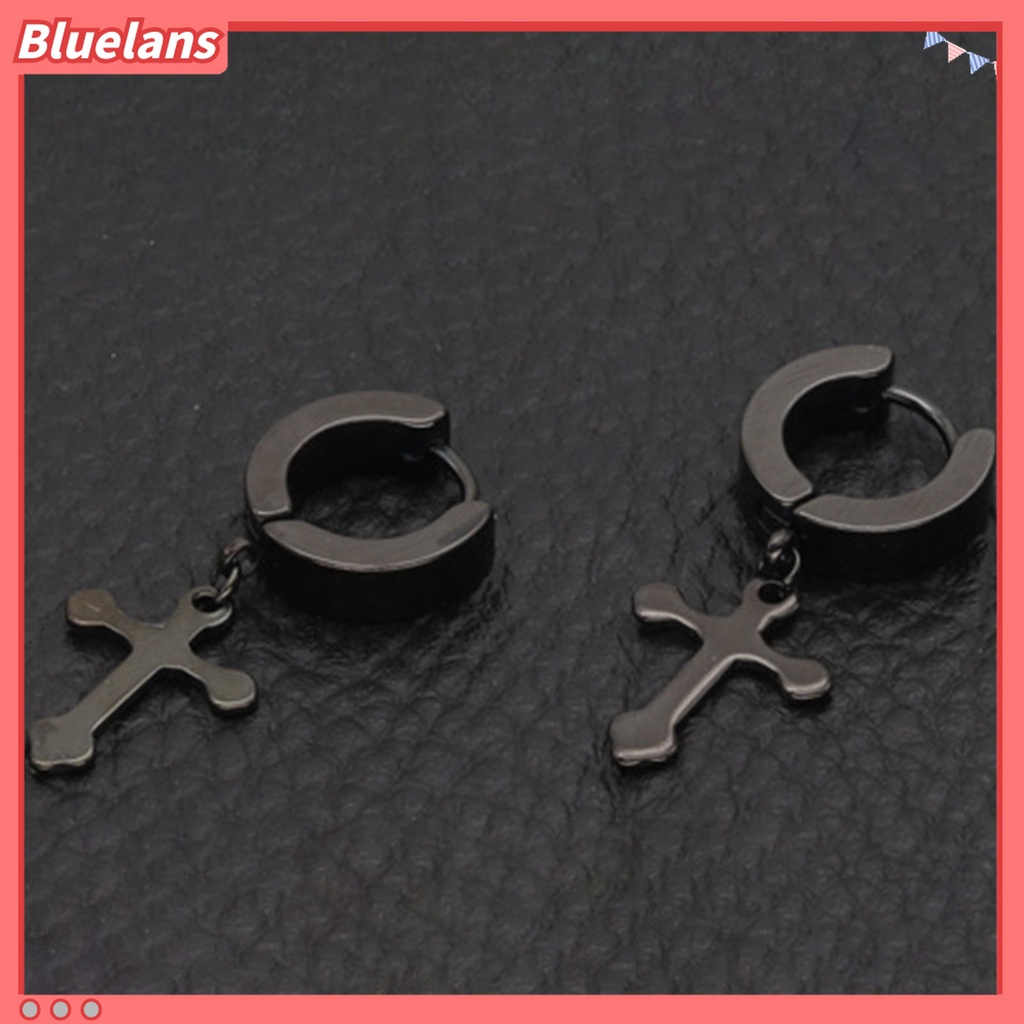 1 Pasang Anting Hoop Liontin Salib Menjuntai Bahan Titanium Steel Tahan Lama Untuk Pria Dan Wanita