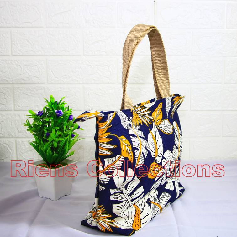 HANDBAG BESAR BAHAN KANVAS MOTIF ANEKA DAUN BIRU. TAS KANVAS. TAS WANITA. Riens Collections