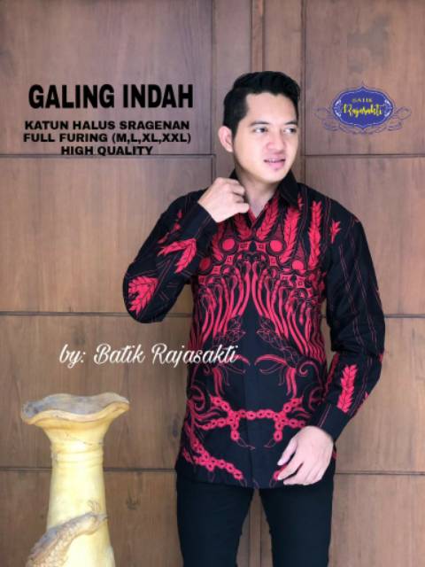 Batik Solo GALING MERAH Kemeja Pria Katun Halus Sragenan Full Furing