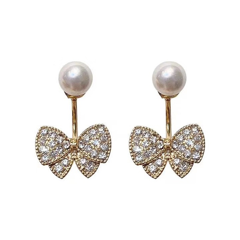 Korean temperament diamond-studded bow fashion pearl stud earrings