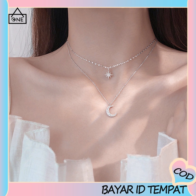 COD❤️Kalung Oktagonal Star Moon Double Layer Kalung Wanita Cahaya Mewah Rantai Klavikula Tumpang Tindih