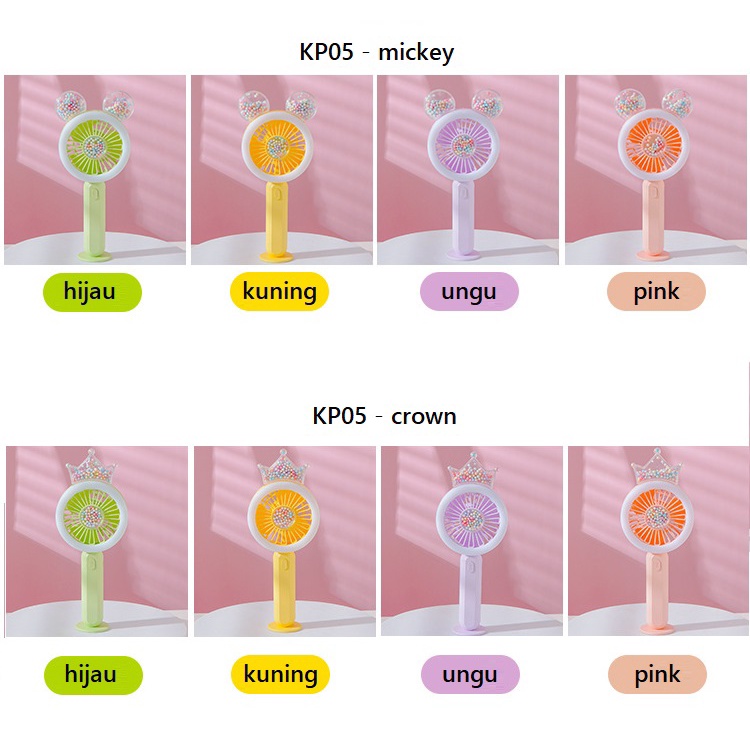 Kipas angin portable LED KP05 mickey crown mini led light fan rechargeable kipas meja