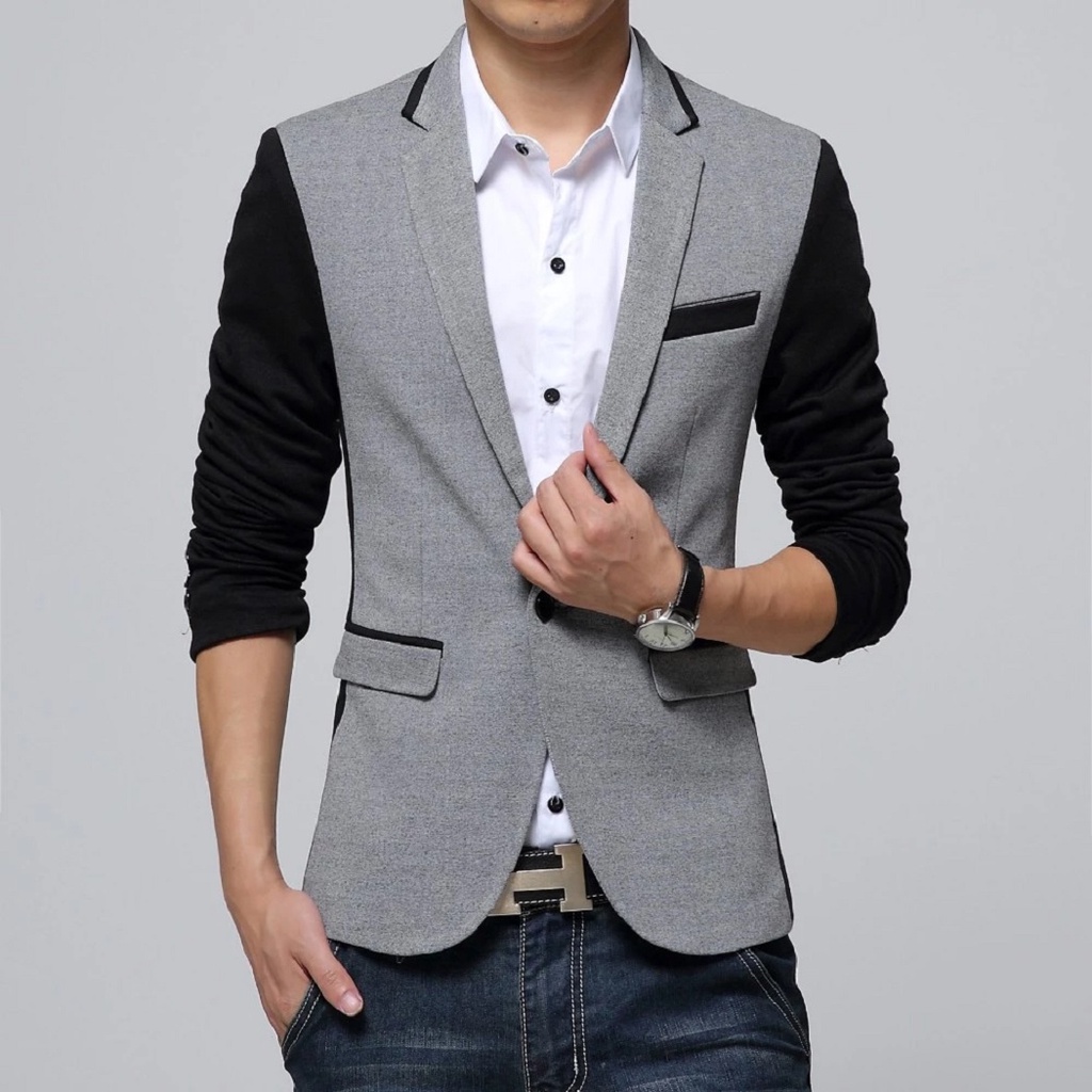 BLAZER ERZA COMBI GREY SLIMFIT KOREAN STYLE ORIGINAL NIKAYU TWIST - BLAZER COWOK KEREN EXCLUSIVE BISA COD