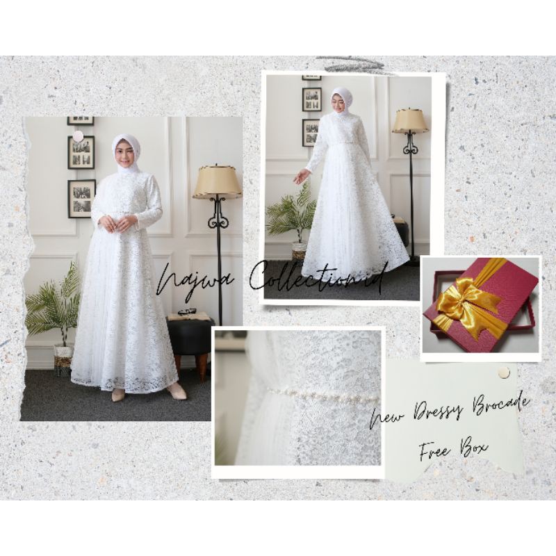 DRESS BROCADE MEWAH ORIGINAL SESUAI GAMBAR FREE BOX CANTIK GAUN PESTA PUTIH