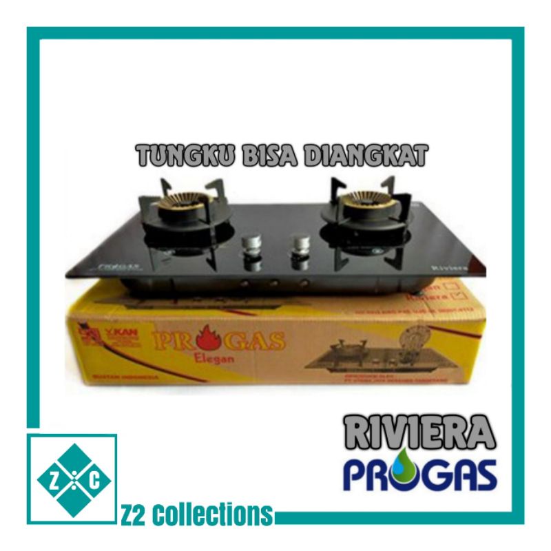Kompor tanam Progas 2 tungku kompor gas LPG Progas RIVIERA tungku bisa diangkat body kaca tebal muda
