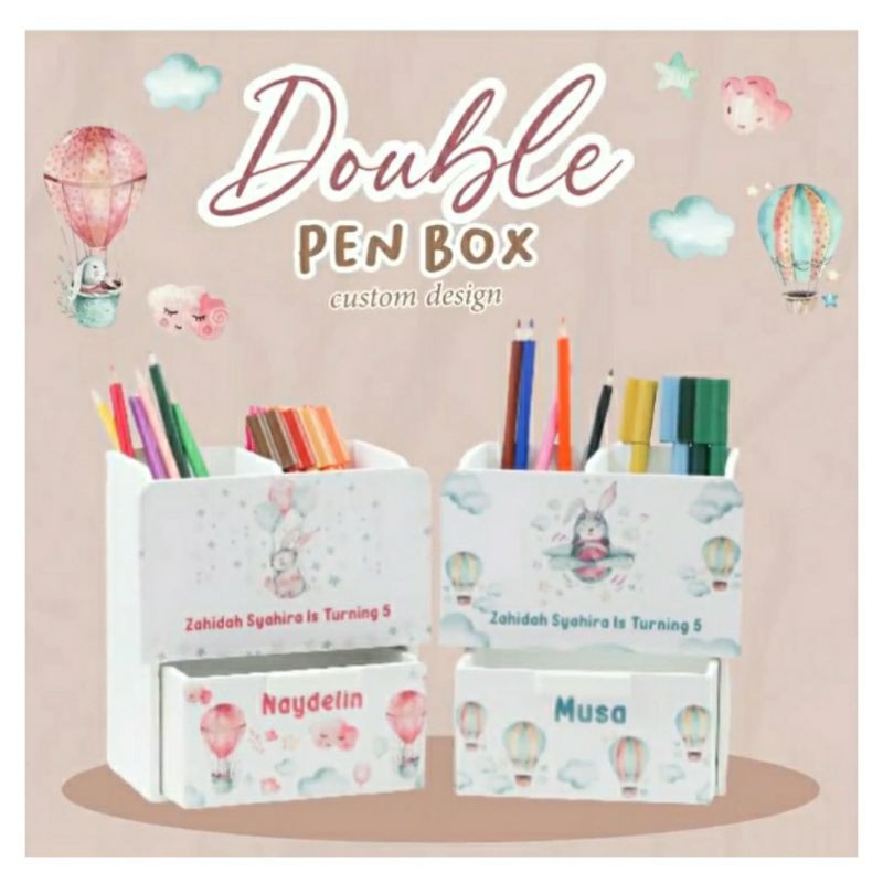 

PENCIL CASE KIDS DOUBLE PEN BOX WITH DRAWER Wooden Gift Hampers TEMPAT PENSIL KAYU ANAK Custom Gambar