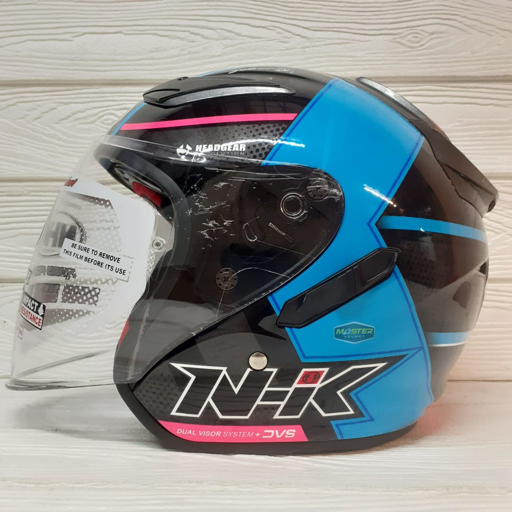 HELM NHK R1 MOTIF NAPOLEON BLACK LIGHT BLUE DOUBLE VISOR HALF FACE BIRU