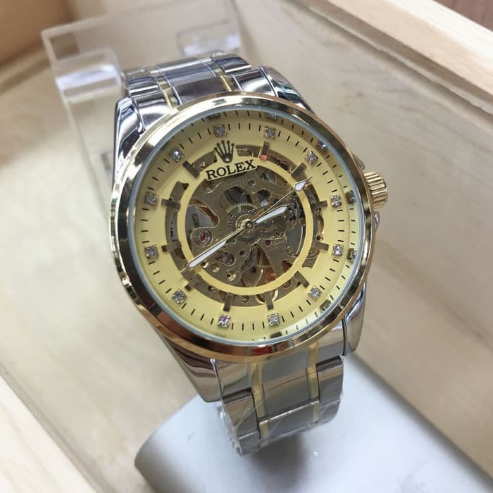 JAM TANGAN PRIA ROLEX AUTOMATIC SKELETON SILVER GOLD (GOLD)