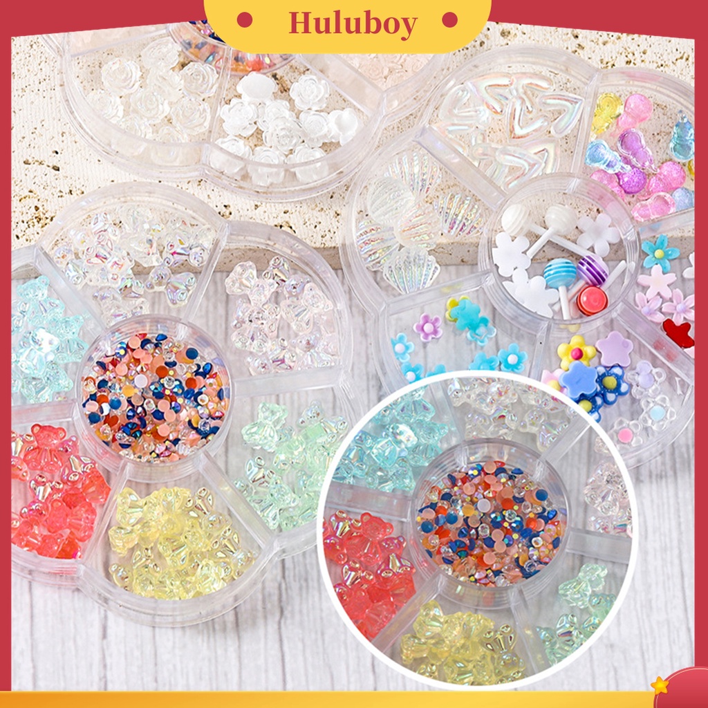 Huluboy Huluboy♡ 1 Kotak Ornamen 3D Bentuk Kartun Beruang Pita Bahan Resin Untuk Nail Art