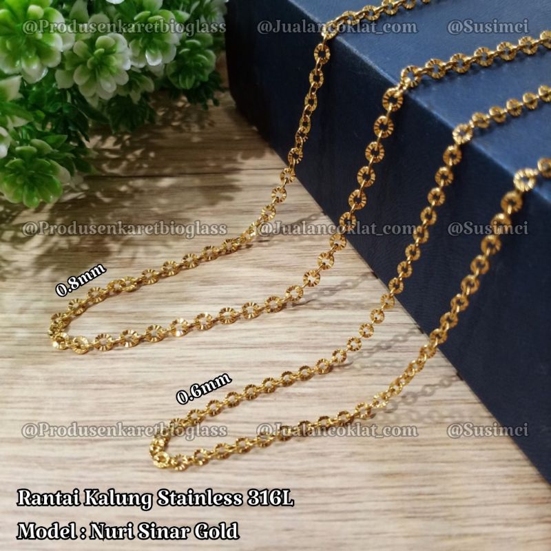[[45cm]] Nuri sinar Gold/emas Rantai kalung titanium stainless 316L /Nori donat ukir pendant susimci