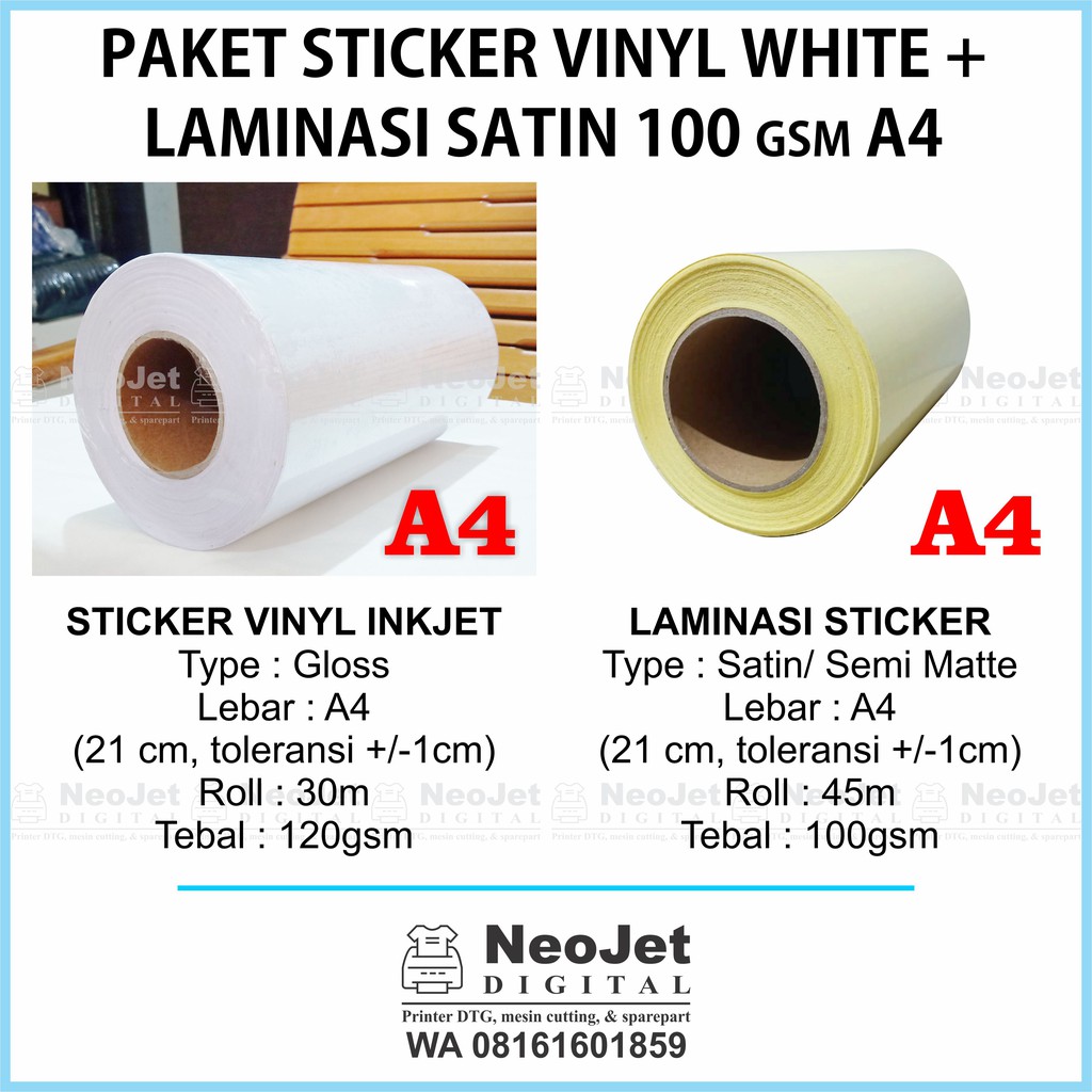 

Paket Sticker Vinyl Inkjet White Laminasi 100 gsm Satin Semi Doff A4 Laminating dingin
