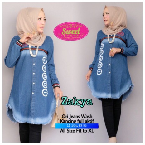 ZAKYA Long tunik _Red bahan jeans wash