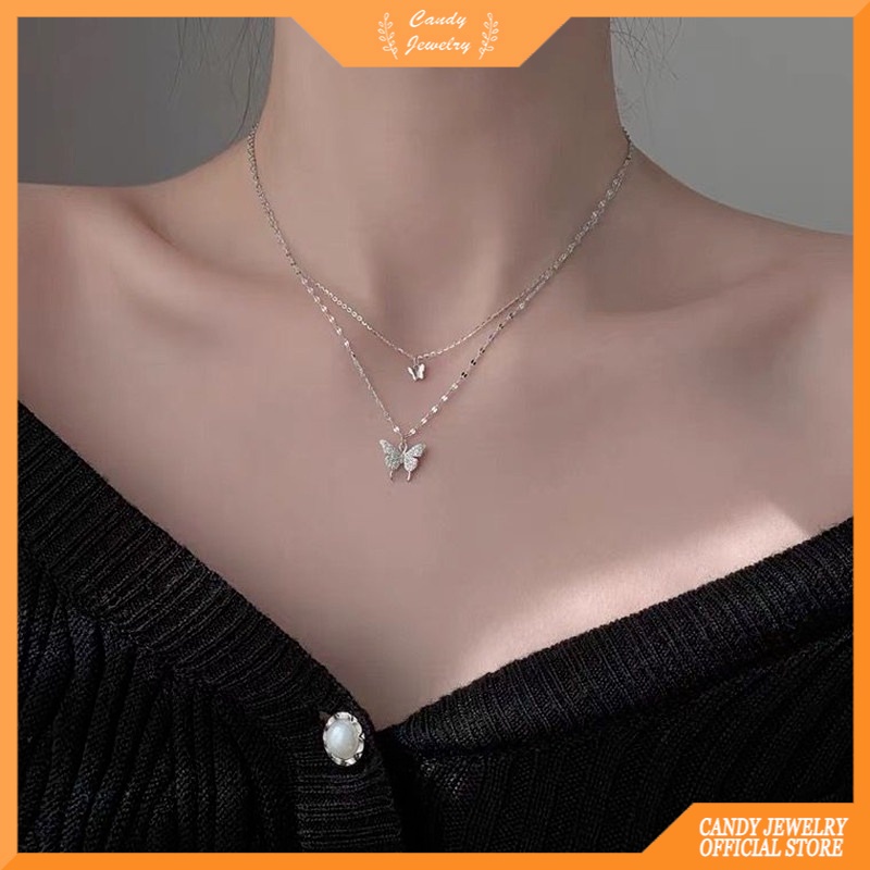 Kalung Rantai Klavikula Hias Liontin Kupu-Kupu Berlian Imitasi Bahan Logam Untuk Wanita