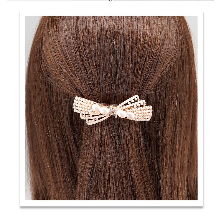 Jepit Rambut Otomatis 9cm Mutiara Warna Emas Jedai Besi Elegan Wanita Dewasa Gold Alloy Pearl Barrette Hair Clip