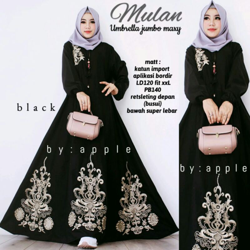 Maxi Dress // Gamis Mulan Umbrella Jumbo Maxy By Apple // Gamis Bahan Katun Import Aplikasi Bordir