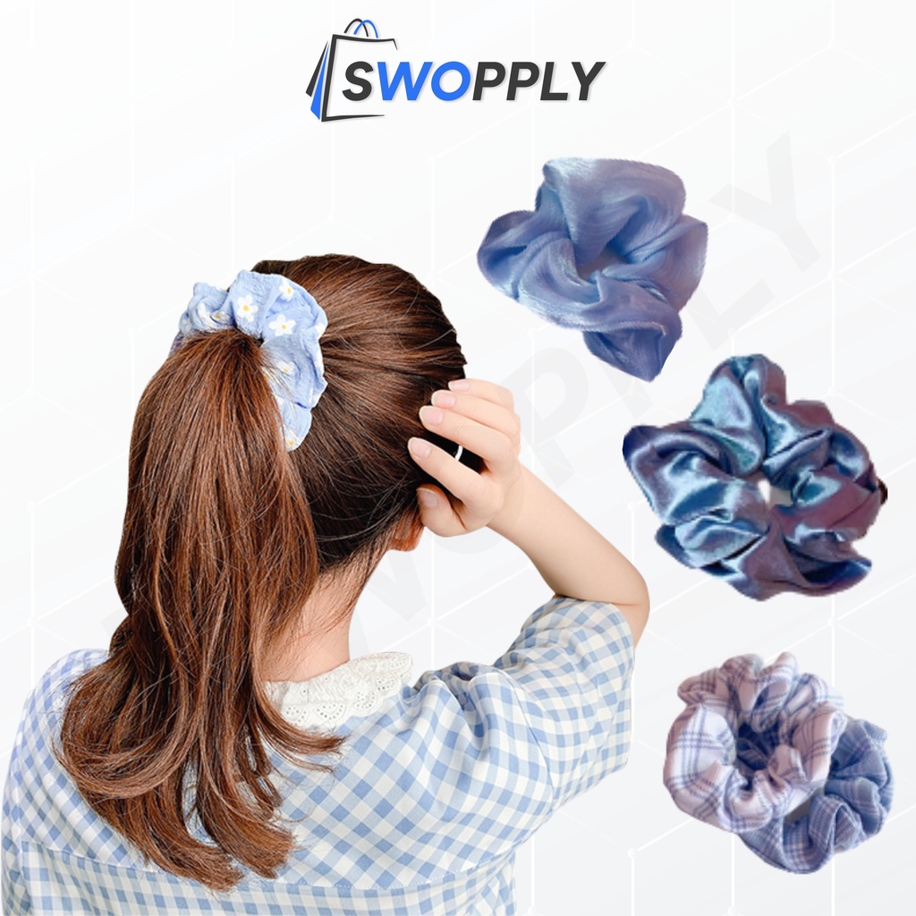 Swopply ACC167 Scrunchie Besar Motif Bunga Ikat Rambut Hijab Hairband Aesthetic Isi 8 Pcs Aksesoris Rambut