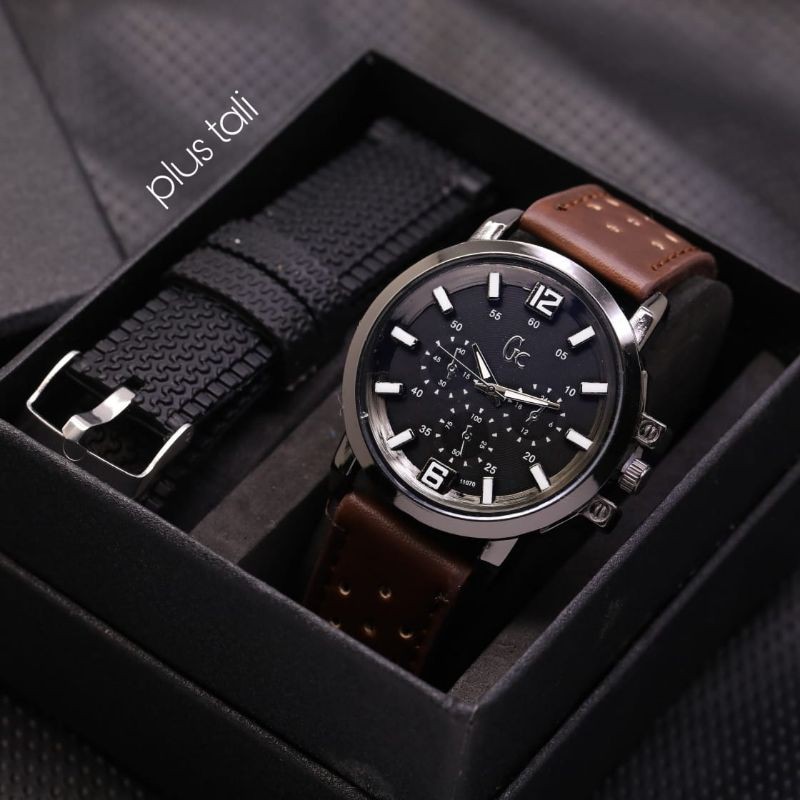 FREE TALI RUBBER - JAM TANGAN PRIA GC GUESS COLLECTION KULIT TANGGAL AKTIF MURAH LEBAY
