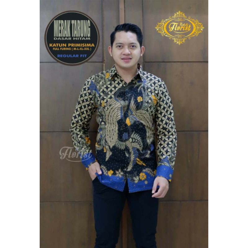 Kemeja Batik Lengan Panjang Pria MERAK TARUNG Dasar Hitam Full Furing Bahan Katun Primisima