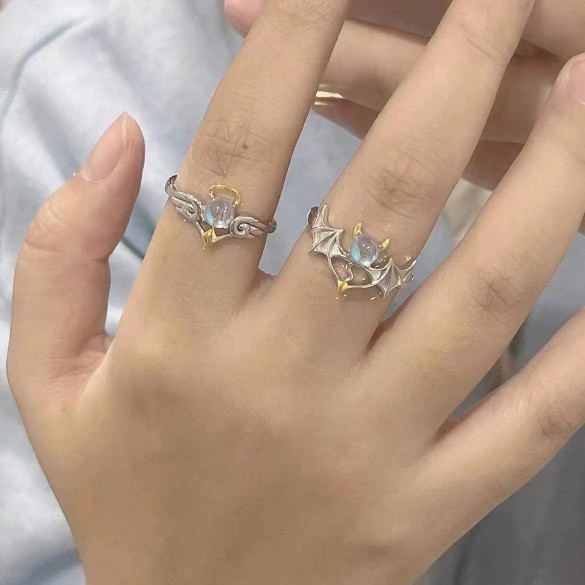 COD❤️Perhiasan Cincin Pasangan Perak Fashion Korea Biru Moonstone Malaikat Setan-A.one