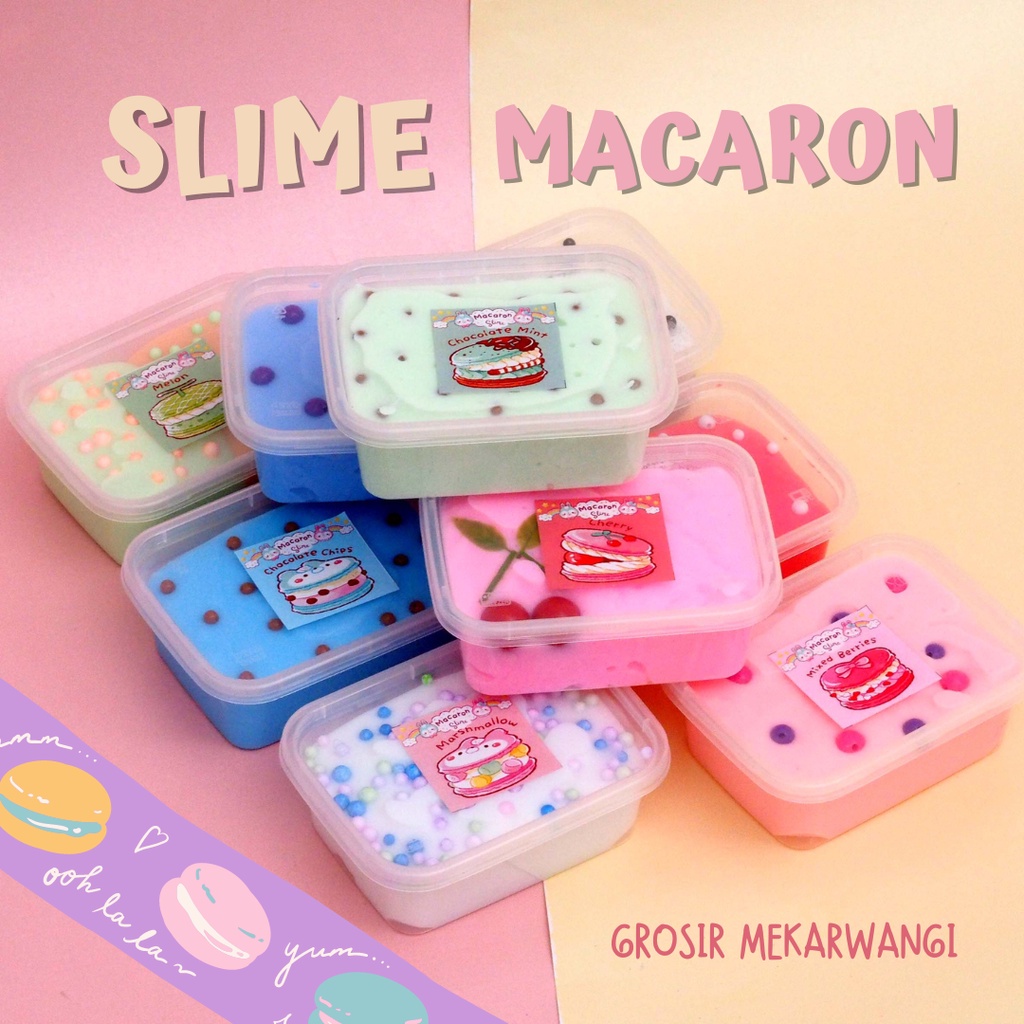 Slime Macaron Variasi Dessert Box Slime Tofu Wangi Topping Sprinkels Warna Soft Kenyal Slime Boba Fuyu Jelly