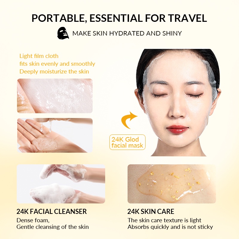 BIOAQUA 24K Gold Facial Mask set (1.5g+28g+1.5g)×5pcs contain facial wash/sheet mask/essence