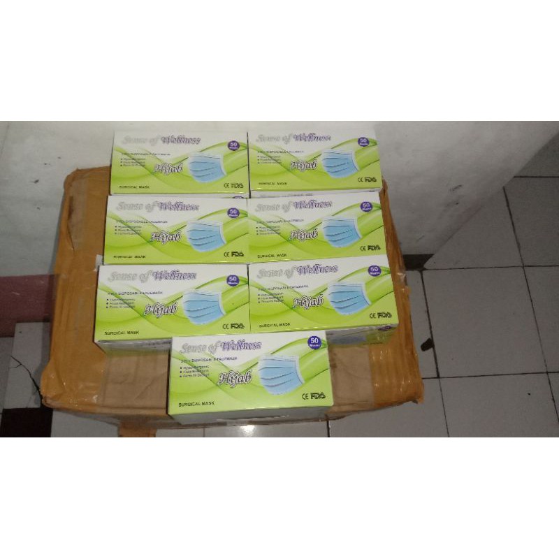 Masker 3ply Hijab(Headloop) "Sense of Wellnes" Original Disposable Surgical Mask 1box isi 50pcs