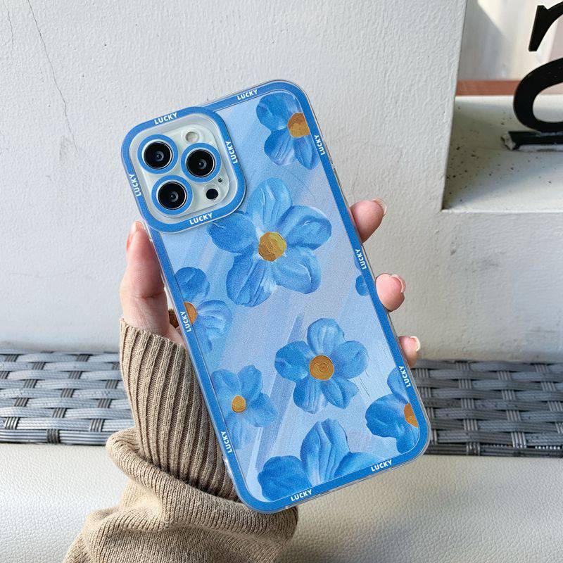 Blue Oil Painting Flowers Soft Case iP iPhone 11 12 13 Pro Max 6 6S 7 8 + Plus X XR SE 2020 XS Max Casing