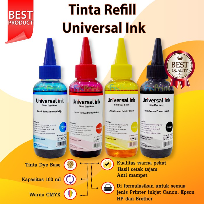 Tinta Universal Ink Cyan 100ml, Tinta Dye Base Tutup Model Kerucut