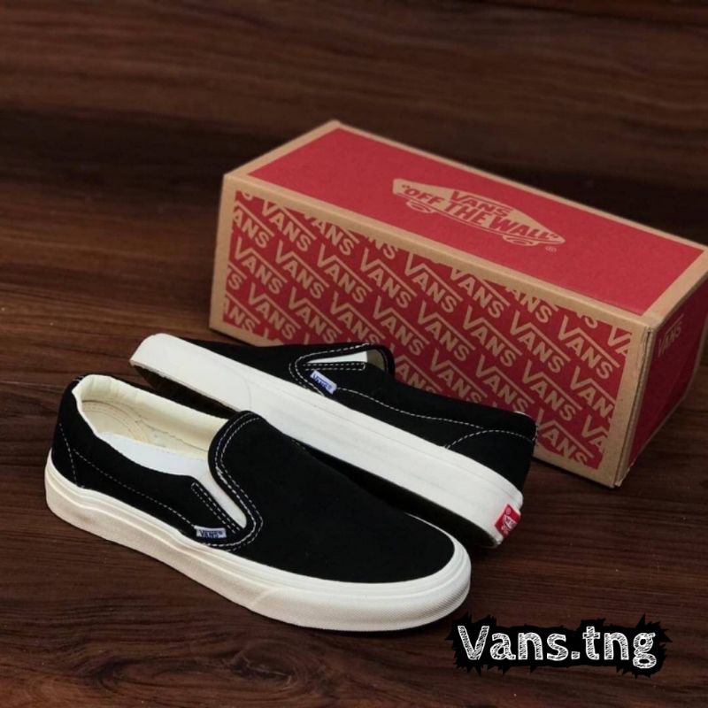 Sepatu Vans Slip On OG Black White Premium / Vans slip on OG BW Terlaris /Vans Slip On termurah Waffle DT