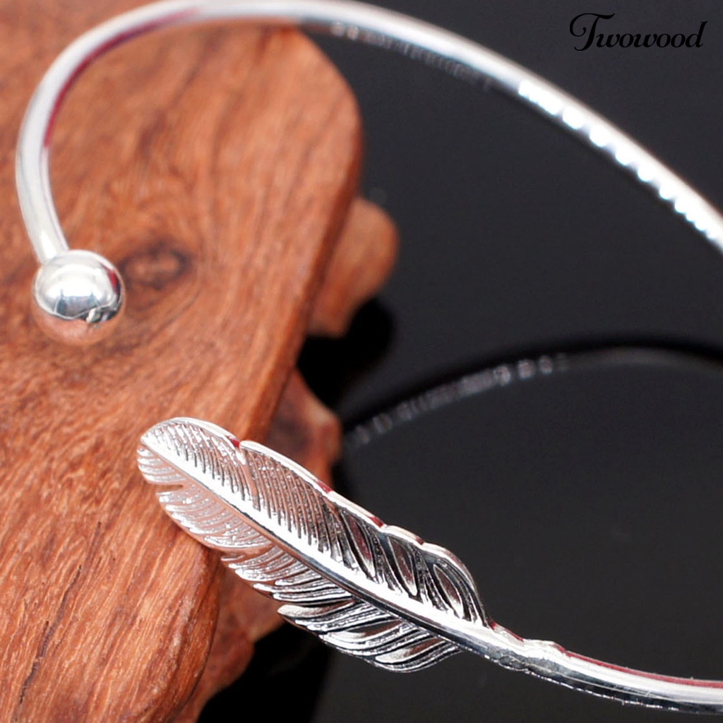 Twowood Silver Color Round Cuff Bracelet Copper Angel Feather Adjustable Simple Bangle for Valentine Day