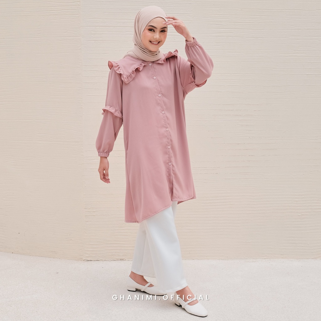 Ghanimi - Prinsa Tunik / Tunik Ruffle Polos / tunik kondangan kekinian / tunik gamis terbaru / tunik kerah asimetris korean style / tuni plos casual formal daily / tunik lengan bishop balon