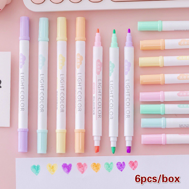 6pcs/box Dua Kepala Warna Stabilo Pulpen Siswa DIY Alat Tulis 6warna Spidol Kelas Kunci Notes Spidol