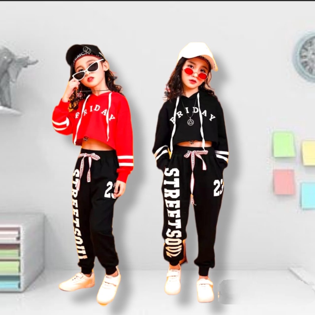 ligimikids - Setelan anak perempuan hip hop / setelan Hoodie anak / setelan hoodie crop anak