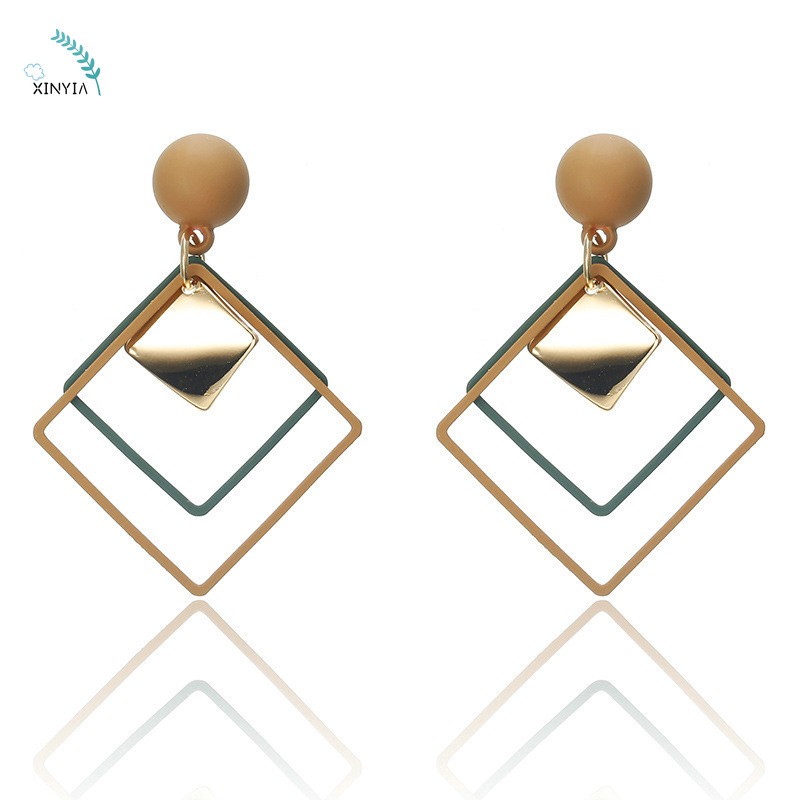3 Warna Anting Wanita Tusuk Motif Geometri Hias Berlian Imitasi Ala Fashion Earring