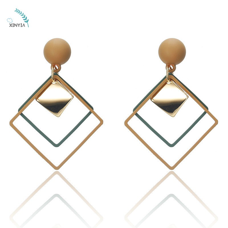 3 Warna Anting Wanita Tusuk Motif Geometri Hias Berlian Imitasi Ala Fashion Earring