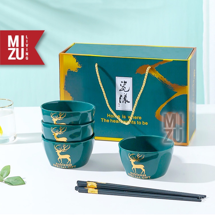 MIZU HIRSCH 4SET Modern Ceramic Bowl Chopsticks Gift Set Mangkok Sumpit