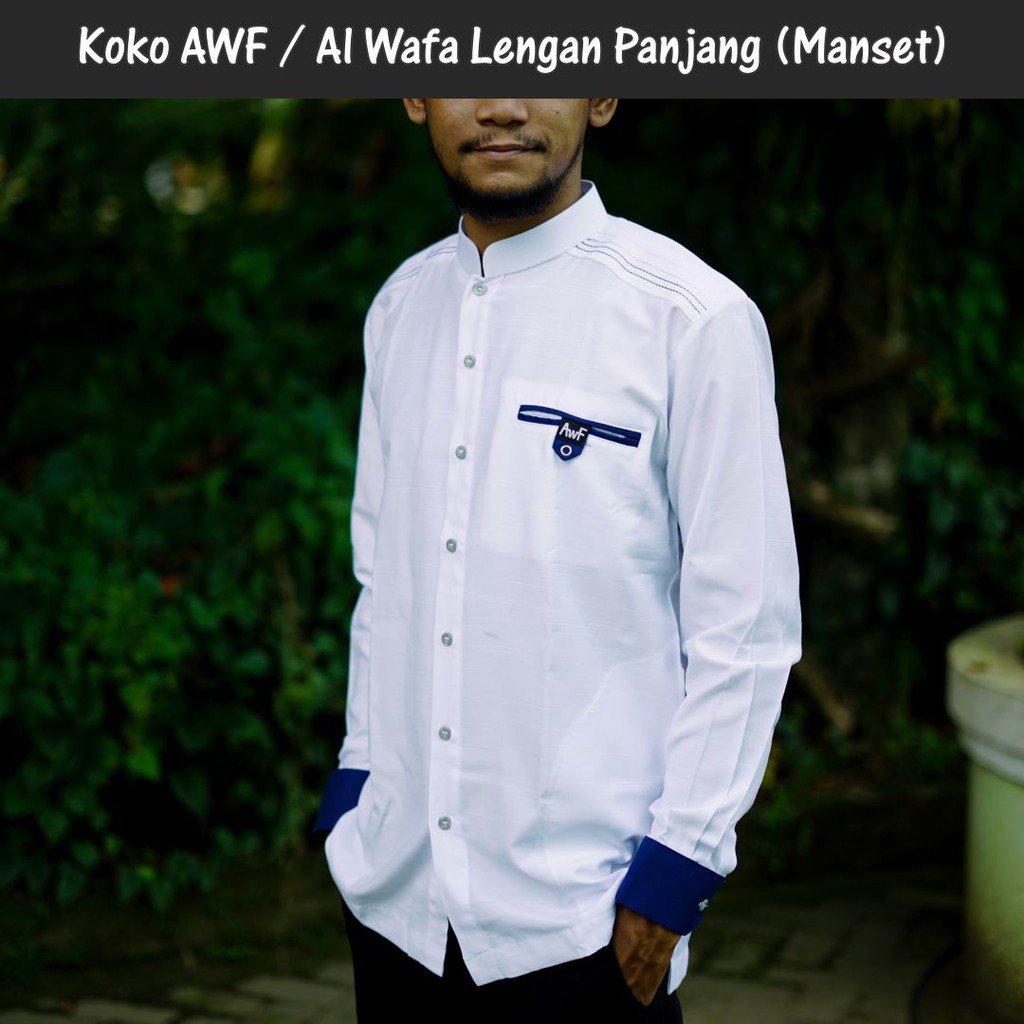 Baju Koko Pria Lengan Panjang Kemko / Kemeja Koko AWF / Al Wafa Putih (Manset)
